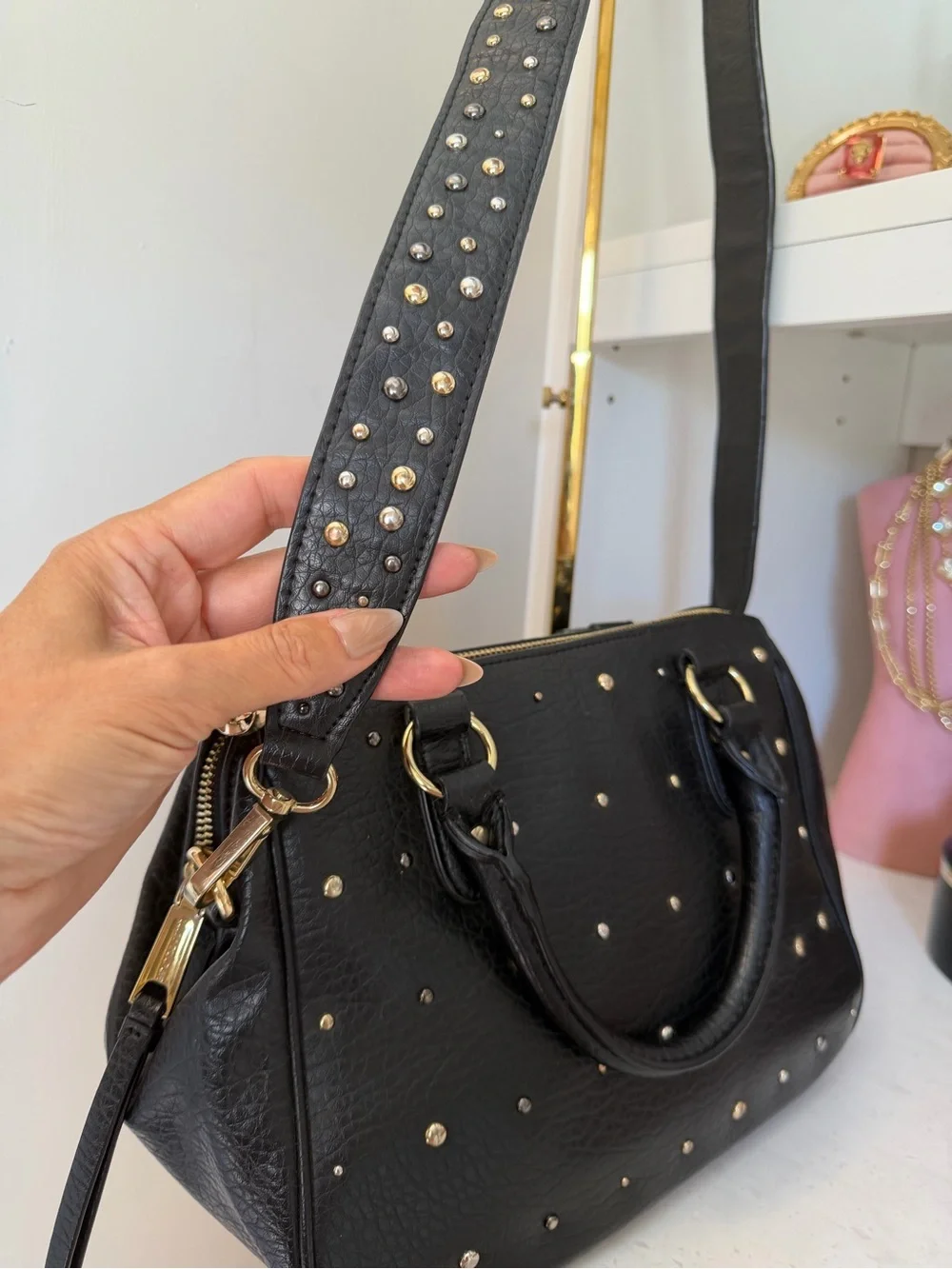 Juicy Couture EUC Black Leather Studded cross body Satchel with Gold Accents